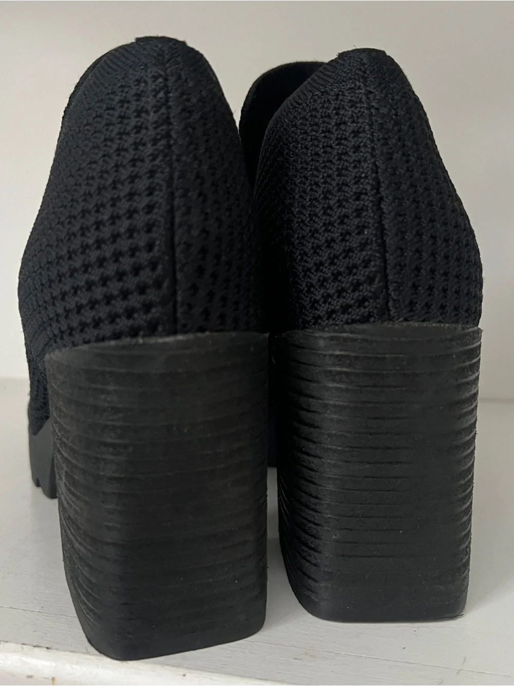 Eileen Fisher Collin knit peep toe booties stacked block heel Size 6 Black